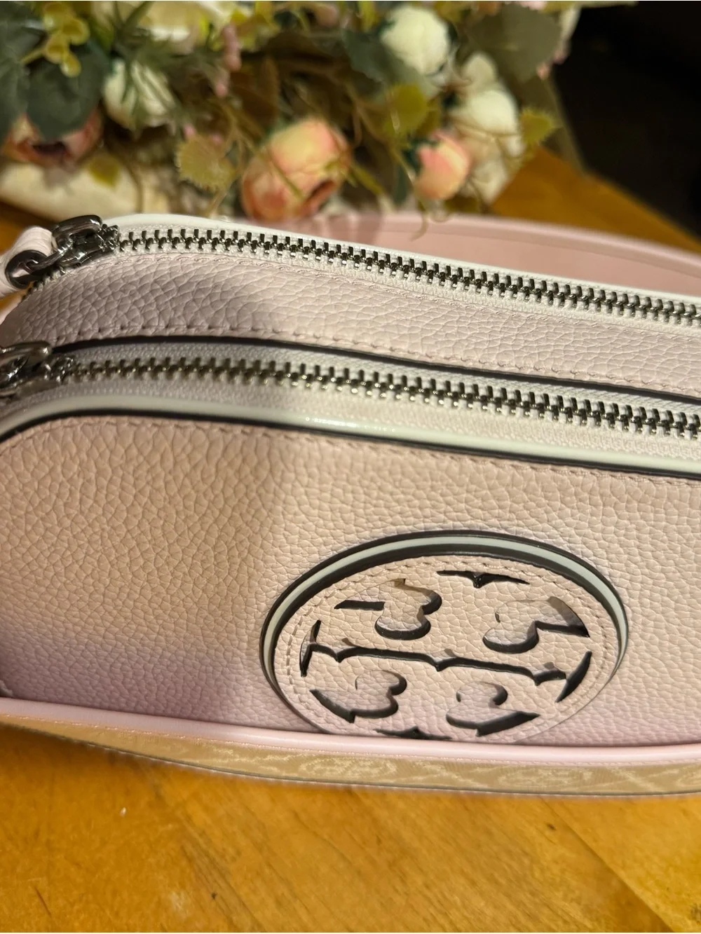 Tory Burch soft Pink Leather mini Miller Crossbody bag with TB Logo Strap